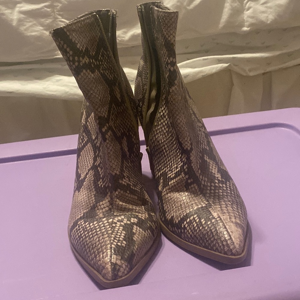 Snake print heeled booties
